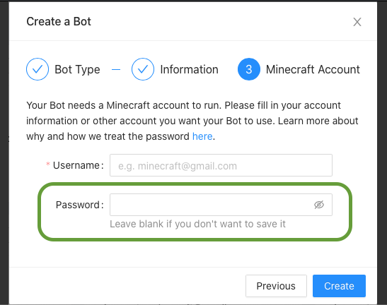 screenshot of bot creation without password