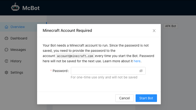 screenshot of bot asking for password